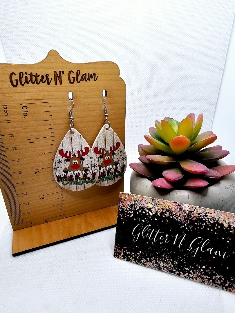Glitter N Glam 2500 Merry Christmas Reindeer Leather Teardrop Earrings