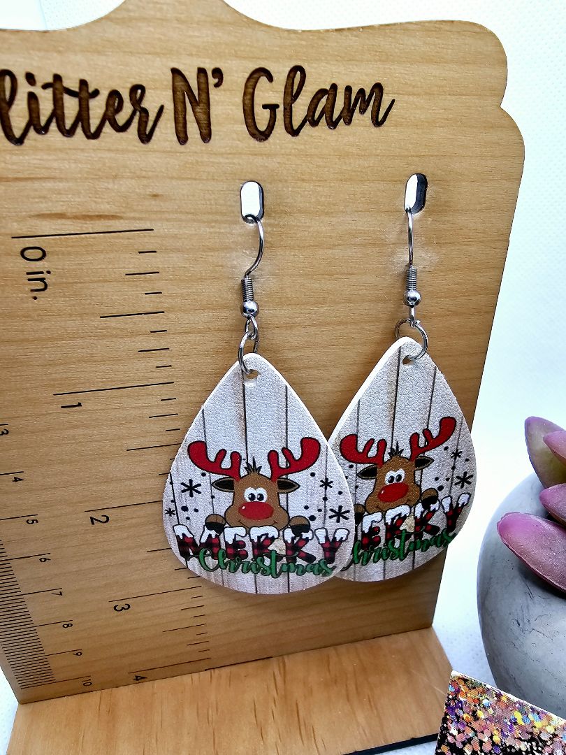 Glitter N Glam 2500 Merry Christmas Reindeer Leather Teardrop Earrings
