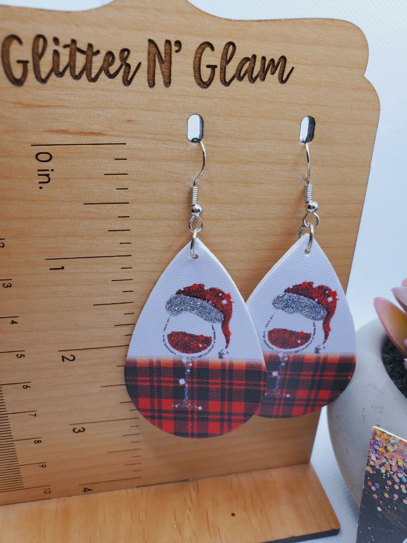 Glitter N Glam 1517 Red and Black Plaid Santa Wine Glass Dangle Earrings