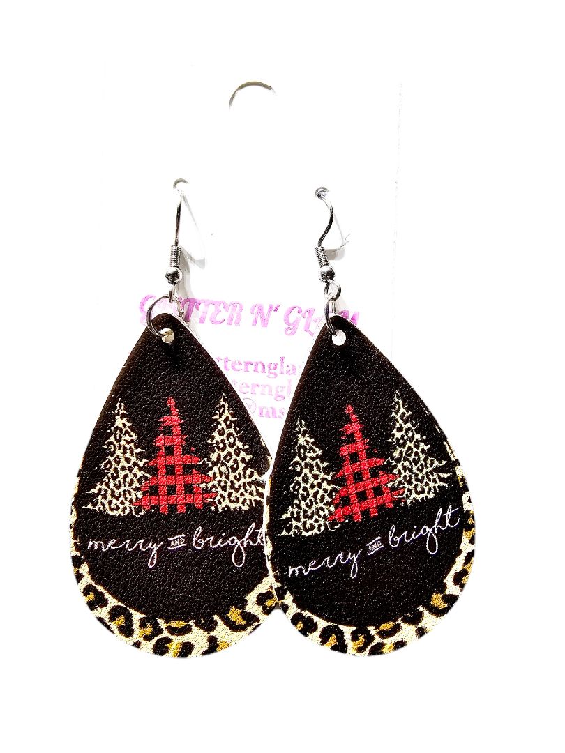 Glitter N Glam Jewelry2507 Animal Print Christmas Tree Leather Dangle Earrings