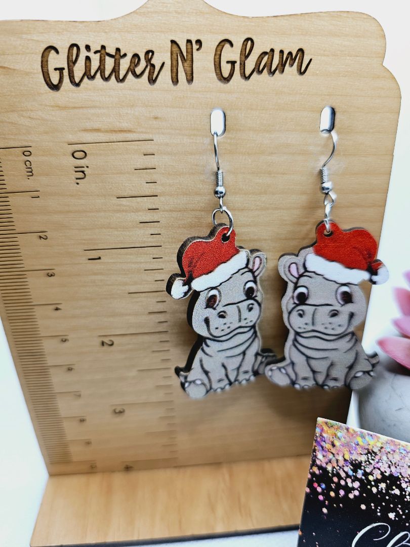 Glitter N Glam 1969 Wooden Hippo Dangle Earrings with Santa Hat