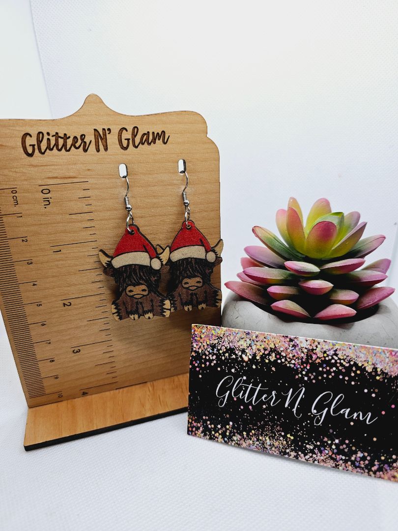 Glitter N Glam 1968 Wooden Highland Cow Dangle Earrings with Santa Hat
