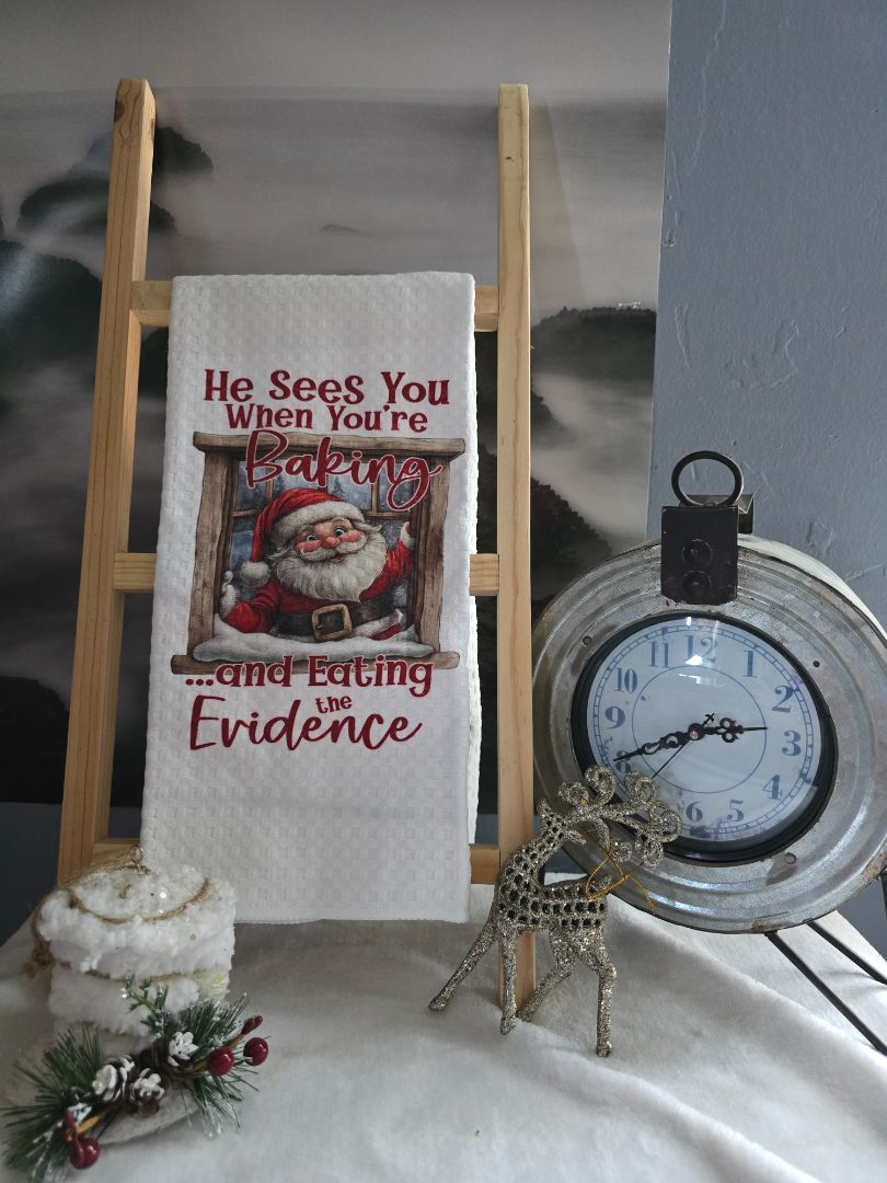 Christmas Kitchen towel He sees you when you ate baking, 16 x 28
