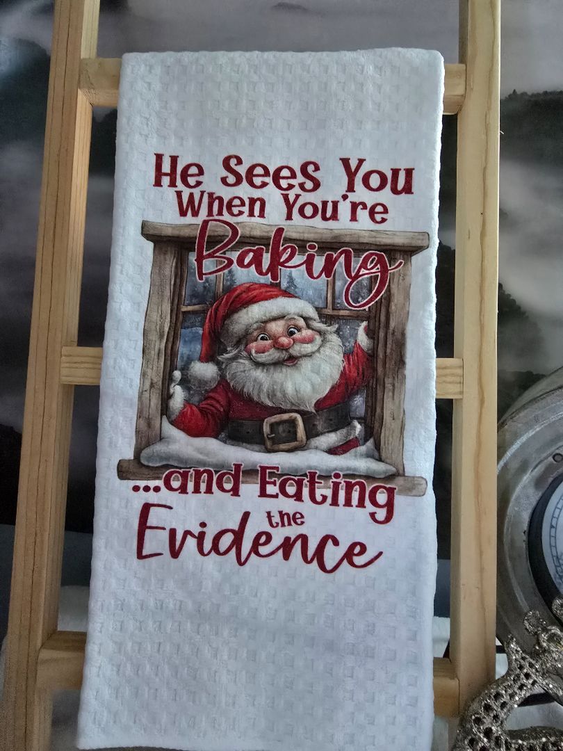 Christmas Kitchen towel He sees you when you ate baking, 16 x 28