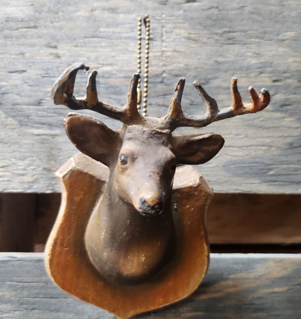 Antique Miniature Stag Deer Chalkware & Metal Wall Hanging