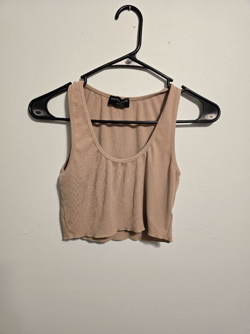 Tan White Fox Boutique Ribbed Crop Tank Top, Medium