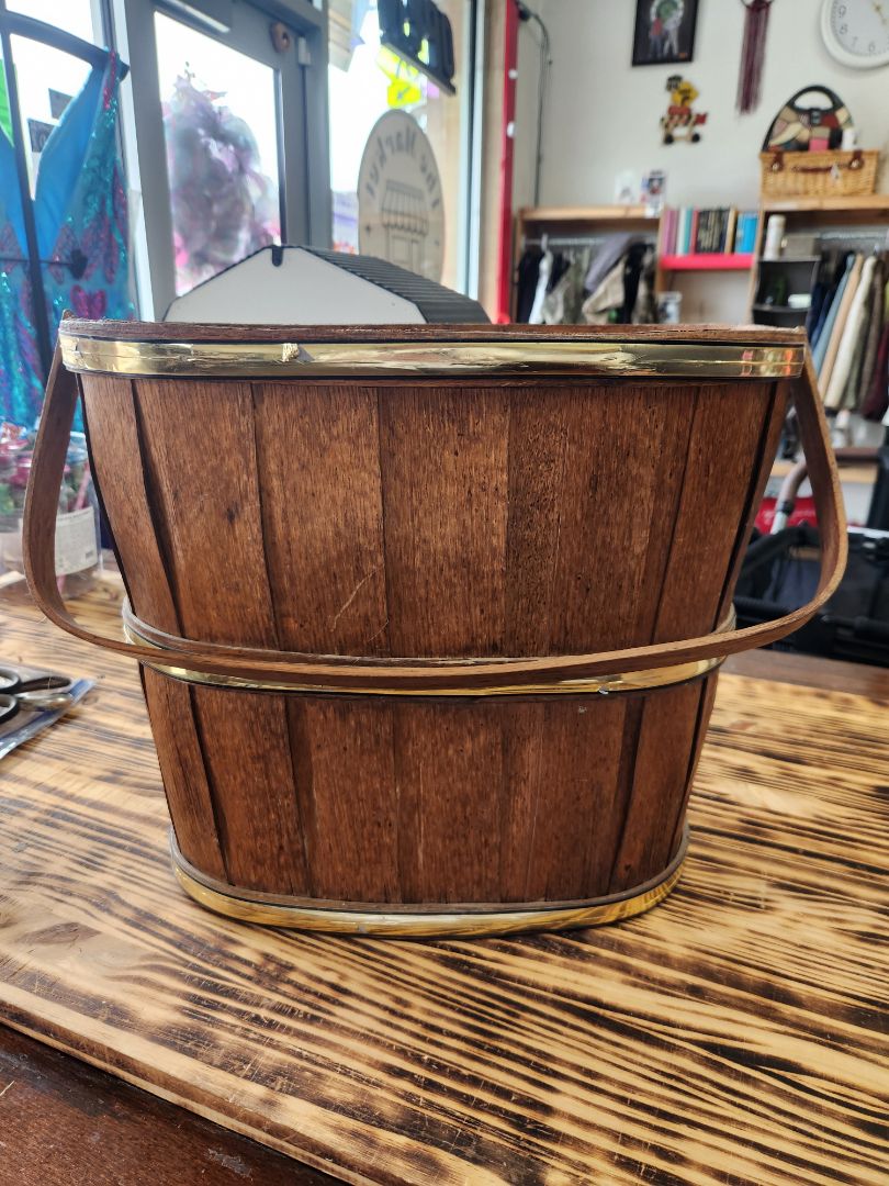 Vintage MCM Oval Wood Bucket w/Handles
