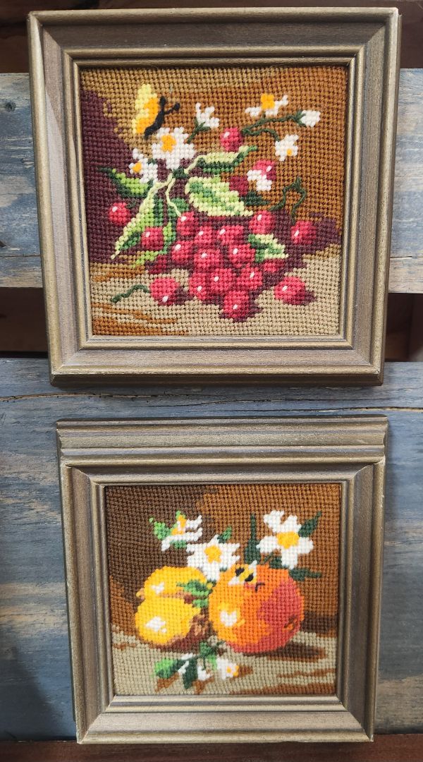 Framed Needlepoint Fruit Pictures Vintage