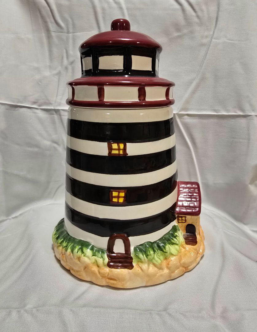 1990 Alco Ind. Lighthouse Cookie Jar,Black/White Stripe, Amira’s dog treats