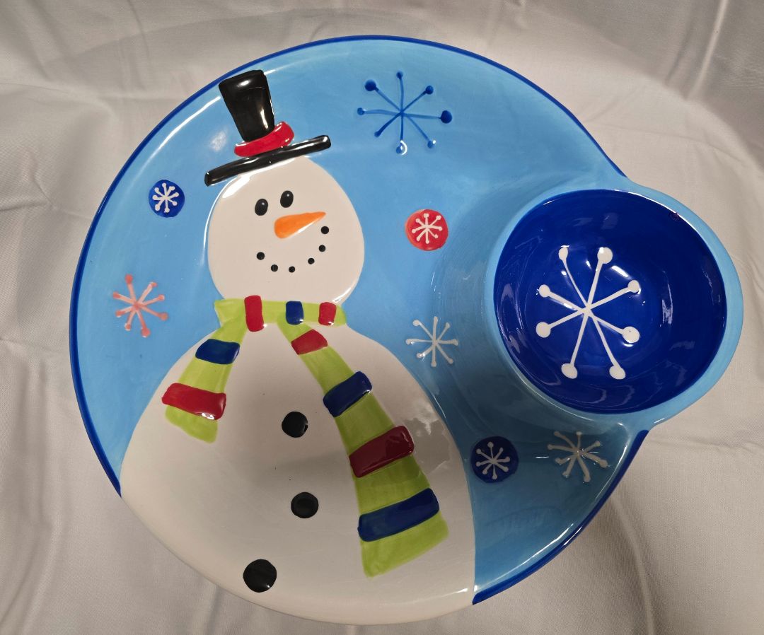 Snowman Chips & Dip Serving Platter,Blue / White, Amira’s dog treats
