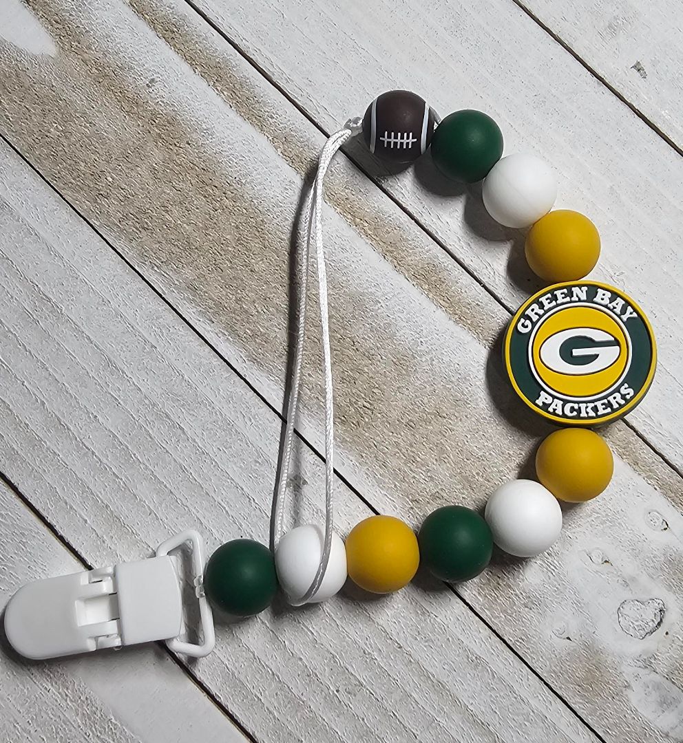 Green Bay Pacifier Tether Crocheted Creations by Amy, Adjustable