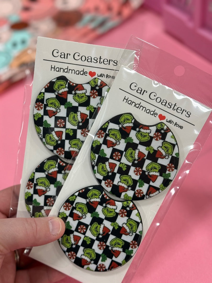 Grinch Checkered Car Coasters, Car Coaster