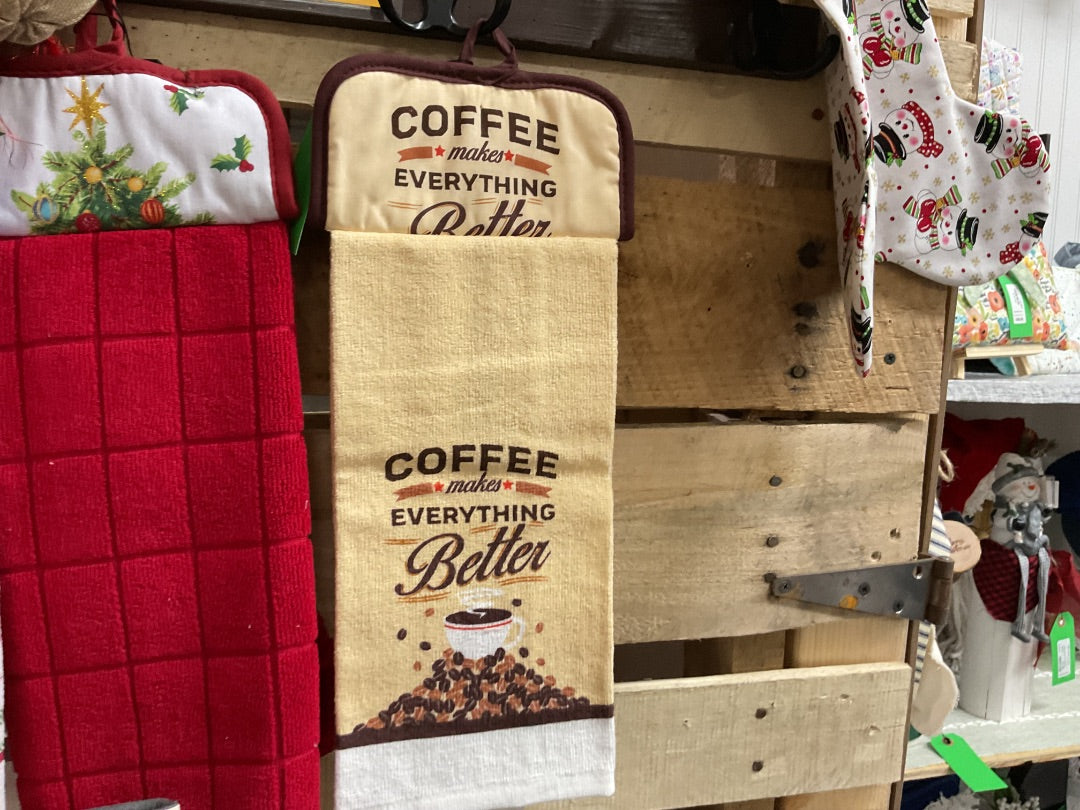 “Coffee Makes Everything Better” Kitchen Towel w/ Pot Holder