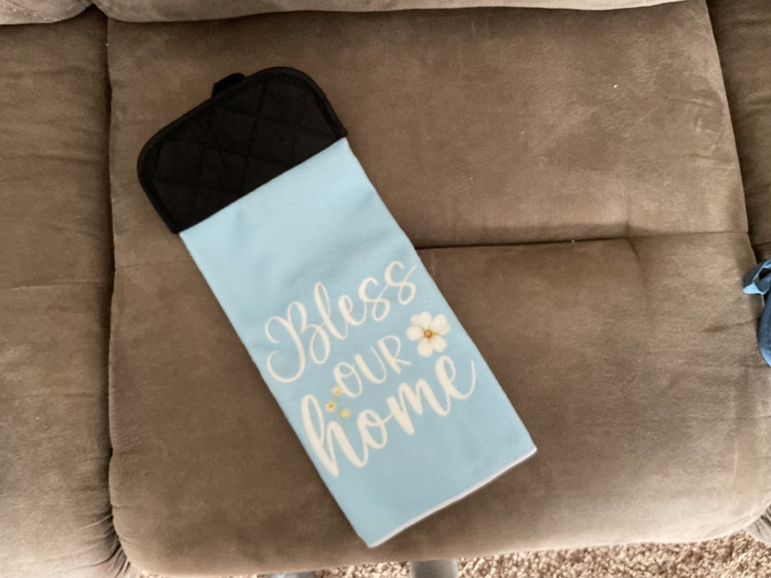 Blue “Bless Our Home” Kitchen Towel w/ Pot Holder