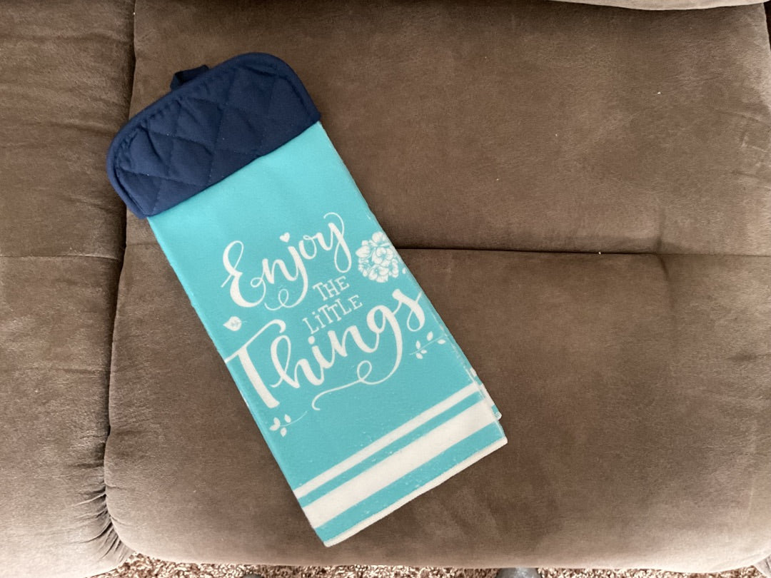 Blue “Enjoy the Little Things” Kitchen Towel w/ Pot Holder