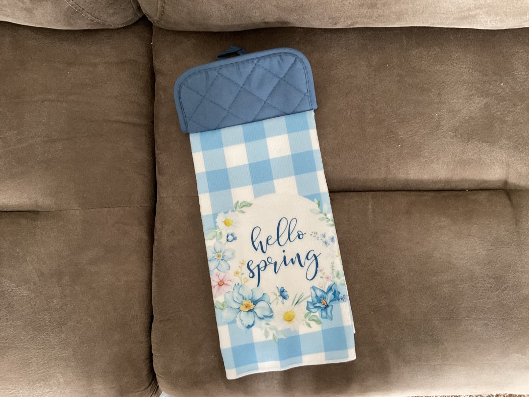 Blue “Hello Spring” Kitchen Towel w/ Pot Holder