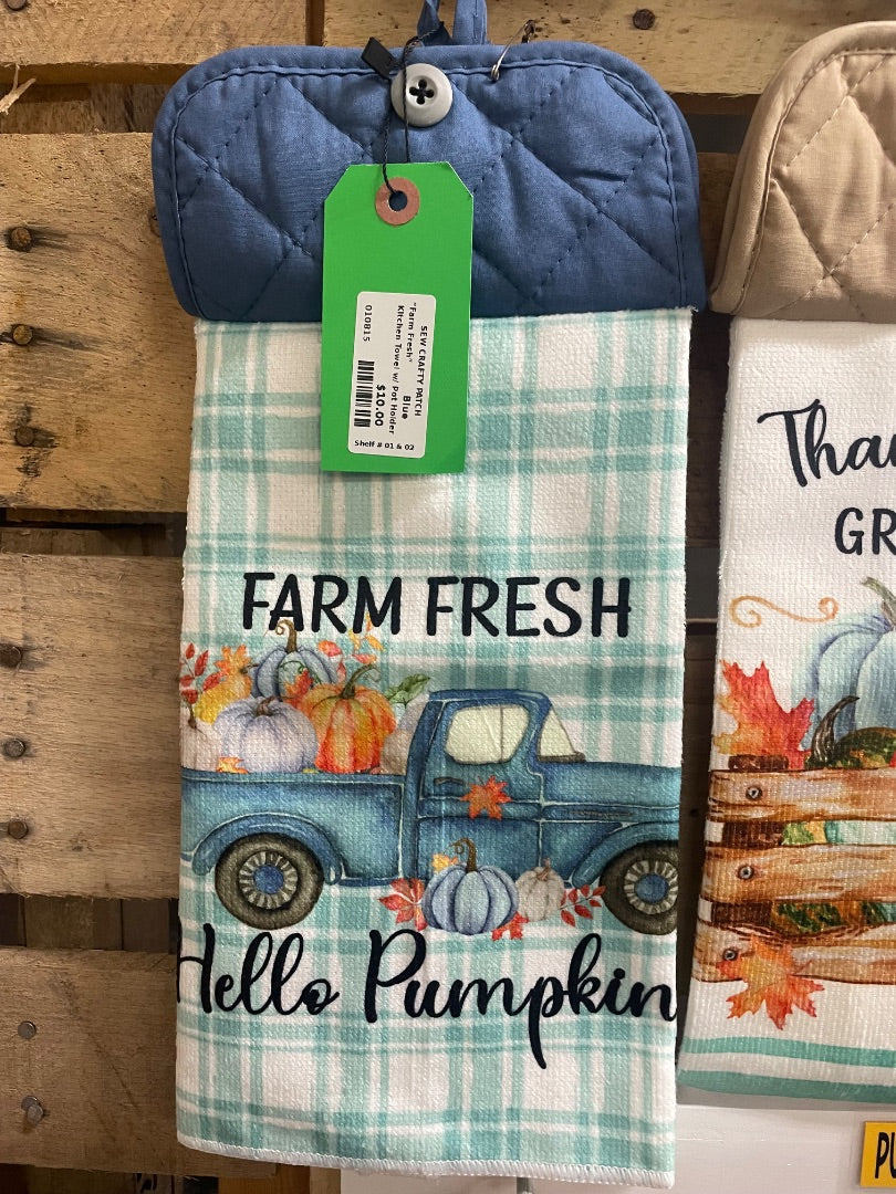 Blue “Farm Fresh” Kitchen Towel w/ Pot Holder