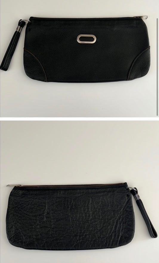 Black  Black Leather Clutch With Silver Detail