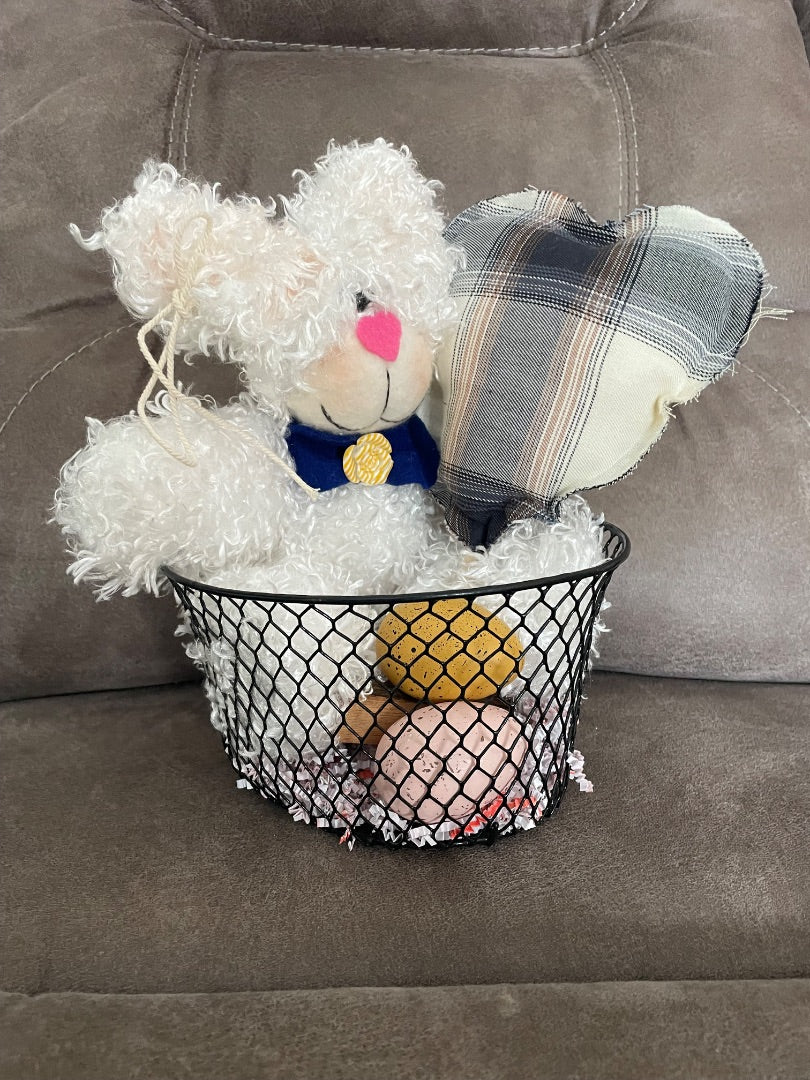 White Fabric Bunny in Basket, Medium