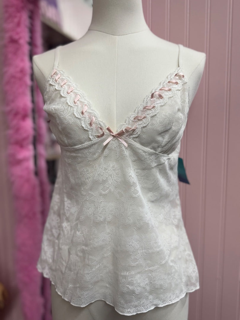 White/pink Affinitas bridgerton lace cami, medium/large