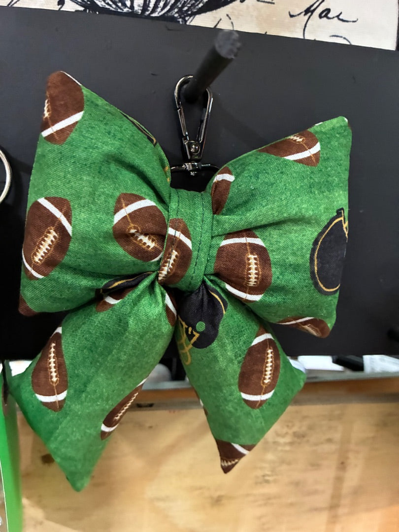Football Bow Key Chain, Small,Green/Brown, Sew Crafty Patch
