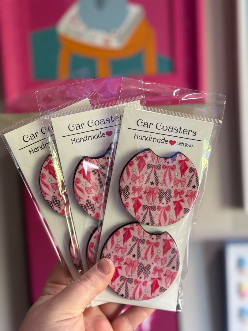 Pink Checkered Bows, Car Coaster
