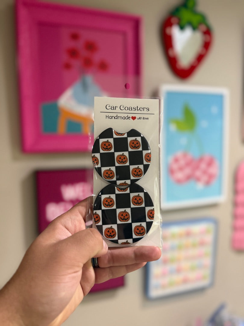 Checkered Pumpkin Car Coasters