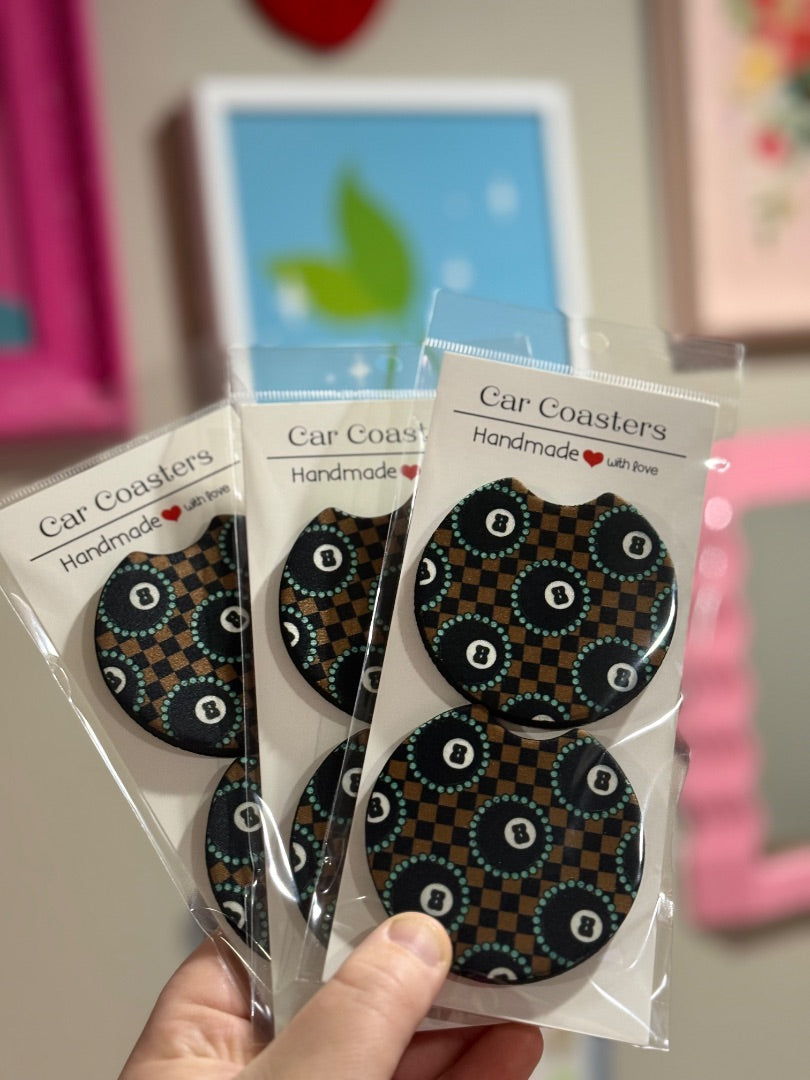 Car Coasters,Checkered 8 Ball, Eclectic Gemini Co