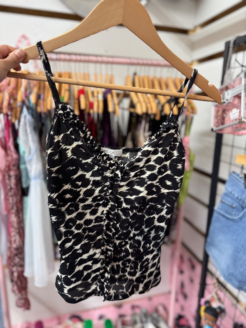Black Kookai leopard print ruffle top, Small