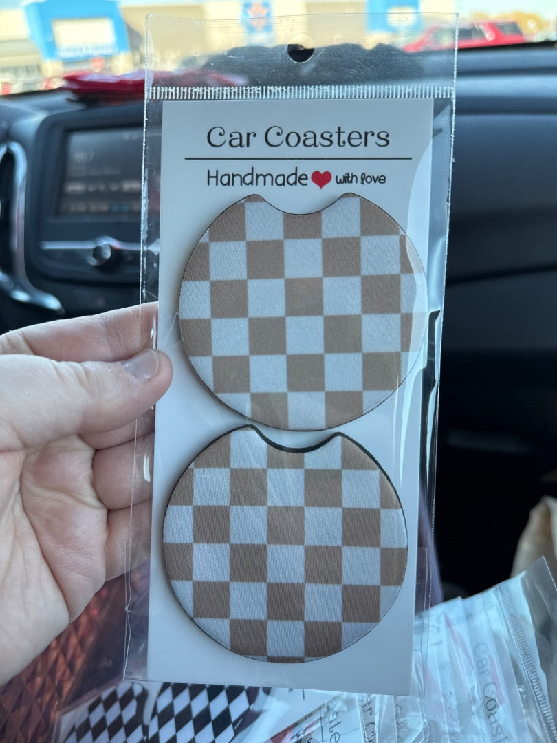 Tan Checkered Car Coasters, Car Coaster