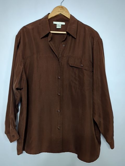 Vintage Clothing 100% silk brown button up, L