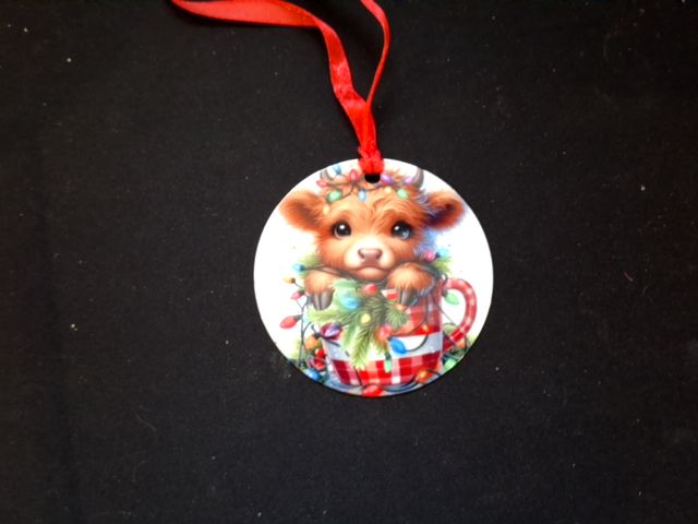 Red Christmas ornament Tea cup cow (2), 3"