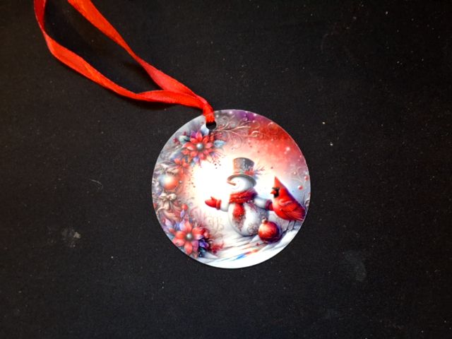 White Christmas ornament Snowman &cardinal (1), 3"