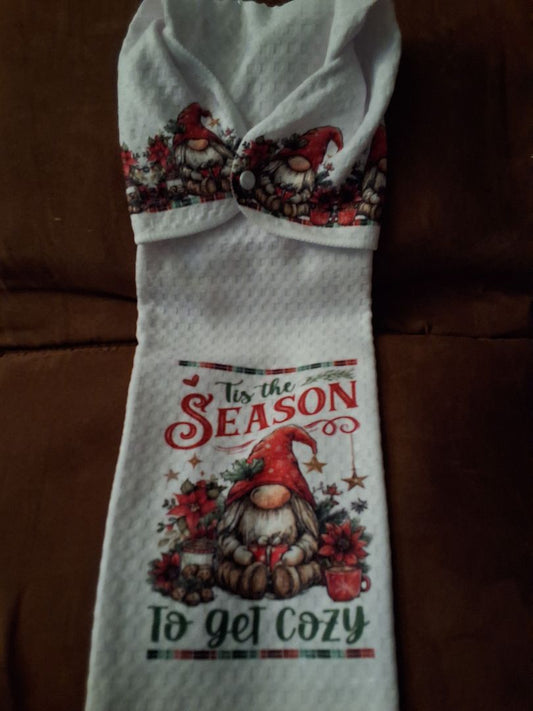 Christmas Hand towel with snap Tis the season to get cozy (gnome), 16 x 28