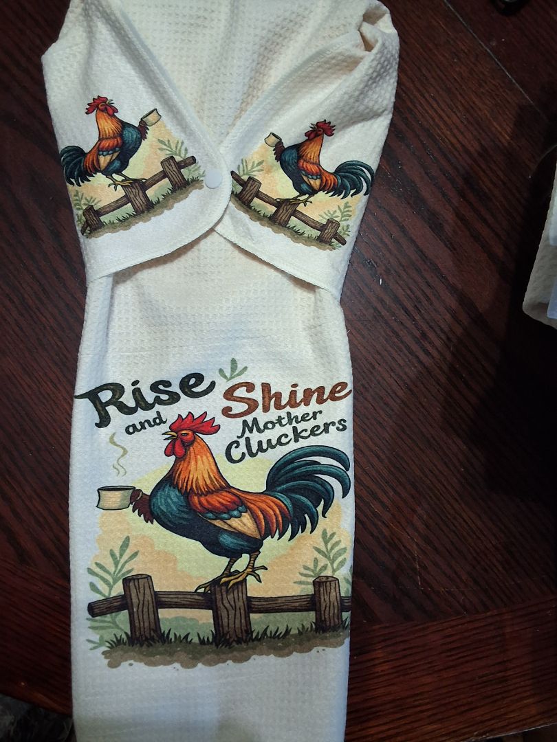 Off white Hand towel with snap Rise &Shine mother clucker