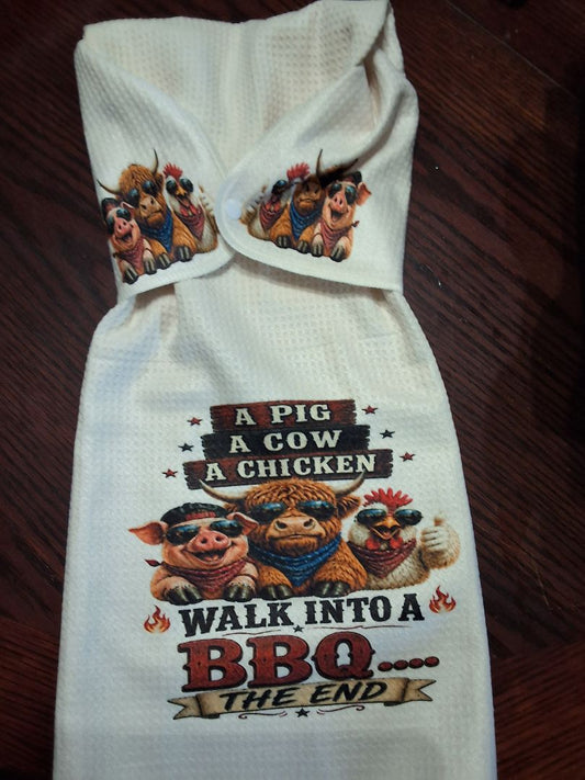 Off white Hand towel with snap A PIG,A COW A CHICKEN WALK INTO A BBQ