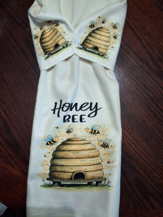 Off white Hand towel with snap Honey bee