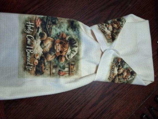 Off white Hand towel with snap Holy cow i burned it