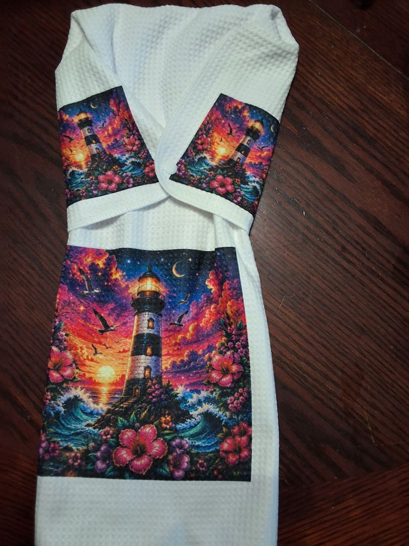 White Hand towel with snap Colorful  light house