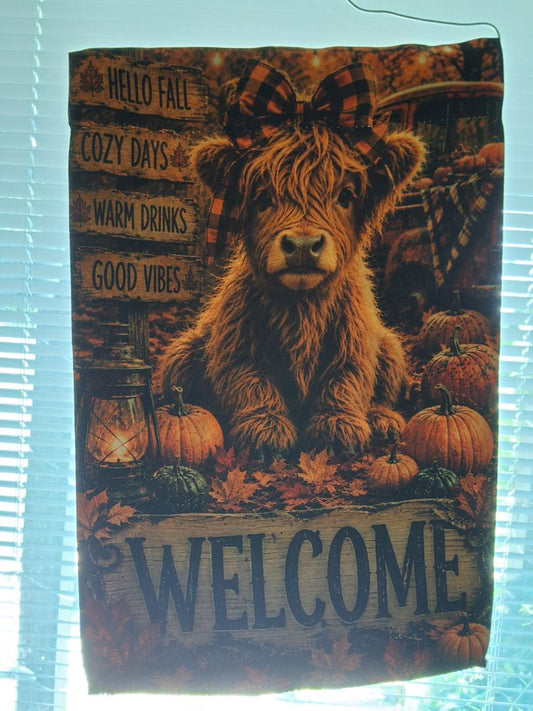 Garden Flag Hello fall with highland cow.