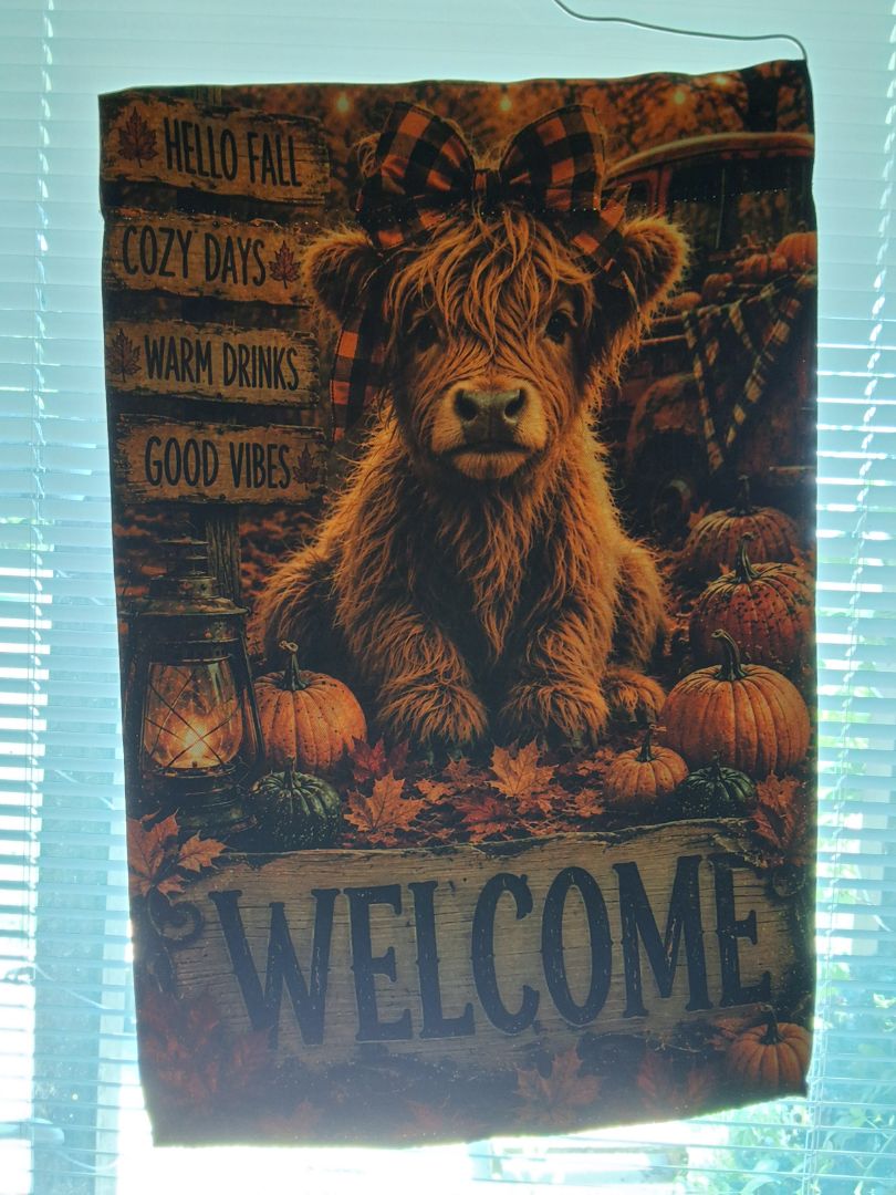 Garden Flag Hello fall with highland cow.