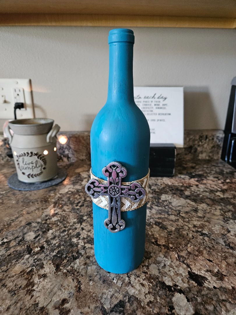 Teal Cross Painted bottle