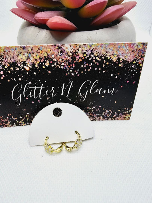 Gold and white Glitter n Glam 2372 Gold Huggie Hoops with White Flowers