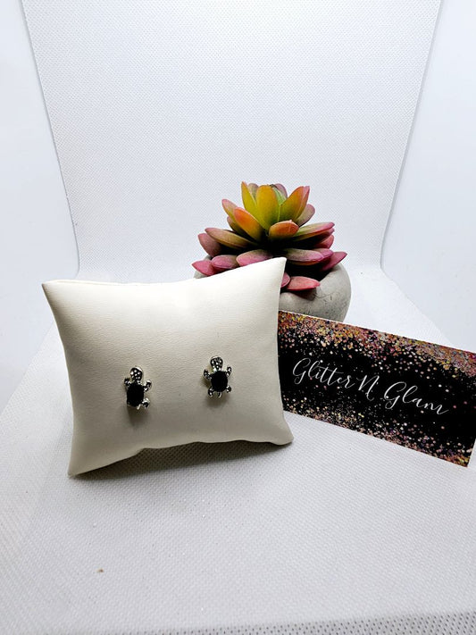 Black and silver Glitter N Glam 2516 Black Gem Sea Turtle Stud Earrings