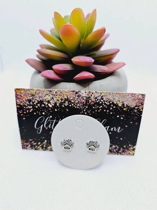 Silver Glitter N Glam 2202 Paw Stud Earrings with CZ Bling