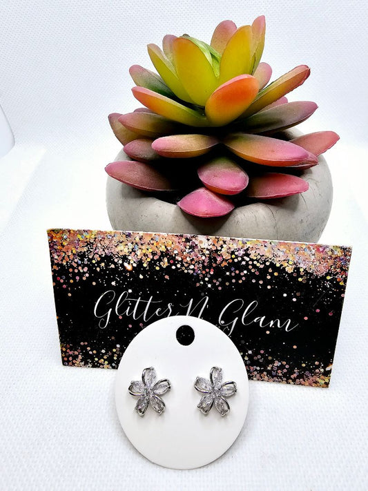 Silver Glitter N Glam 2423 Silver Flower Stud Earrings with Bling