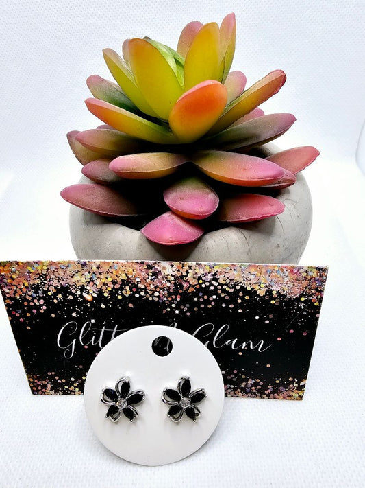 Black and silver Glitter N Glam 2422 Black Flower Stud Earrings with Bling