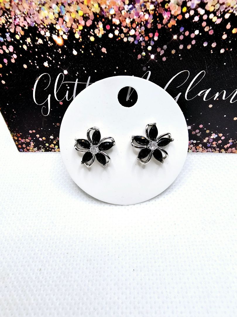 Black and silver Glitter N Glam 2422 Black Flower Stud Earrings with Bling