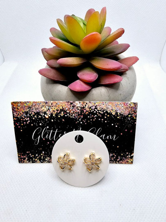 Gold Glitter N Glam 2421 Gold Flower Stud Earrings with Bling