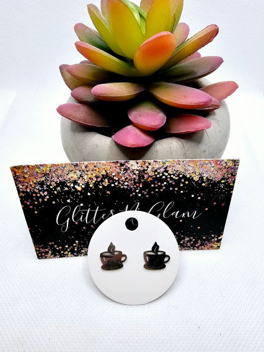 Silver Glitter N Glam 2418 Silver Coffee Cup Stud Earrings